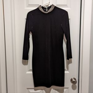 Topshop Black Long Sleeve Bodycon Dress, Velvet Look, Size 6